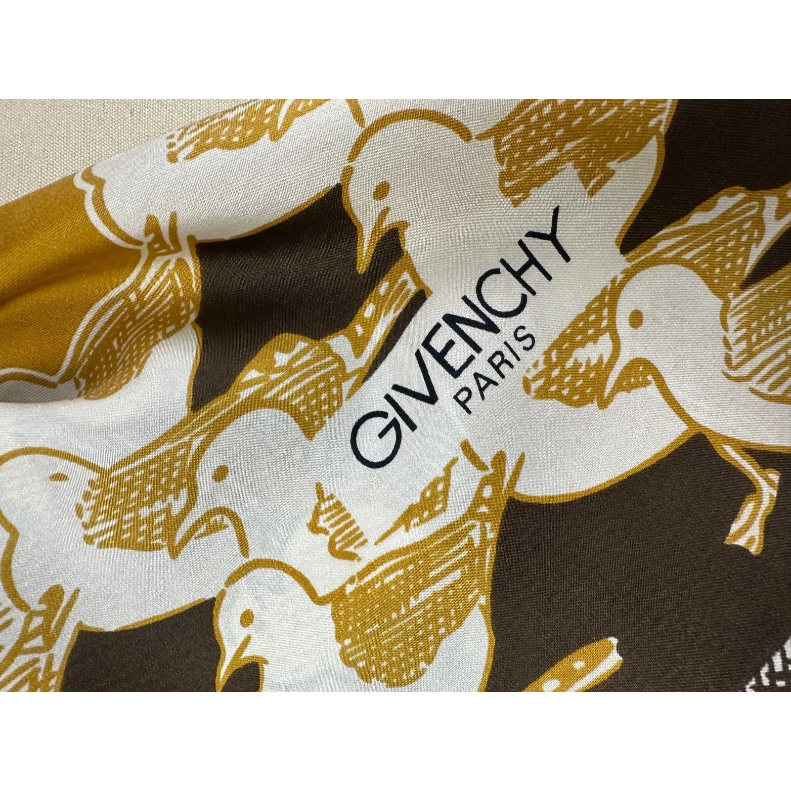 VTG Givenchy Mob Wife Silk Scarf France Brown Gold Bird Gull Design 30" Square