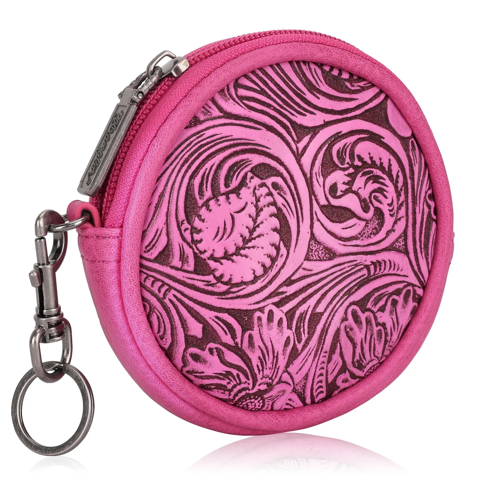 WG116-003  Wrangler Floral Tooled Circular Coin Pouch Bag Charm - Hot Pink