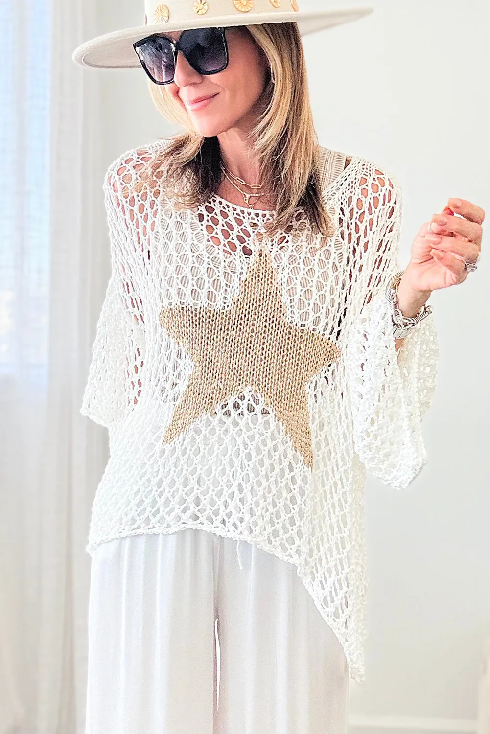 White Big Star Accent Pothole Knitted Summer Sweater