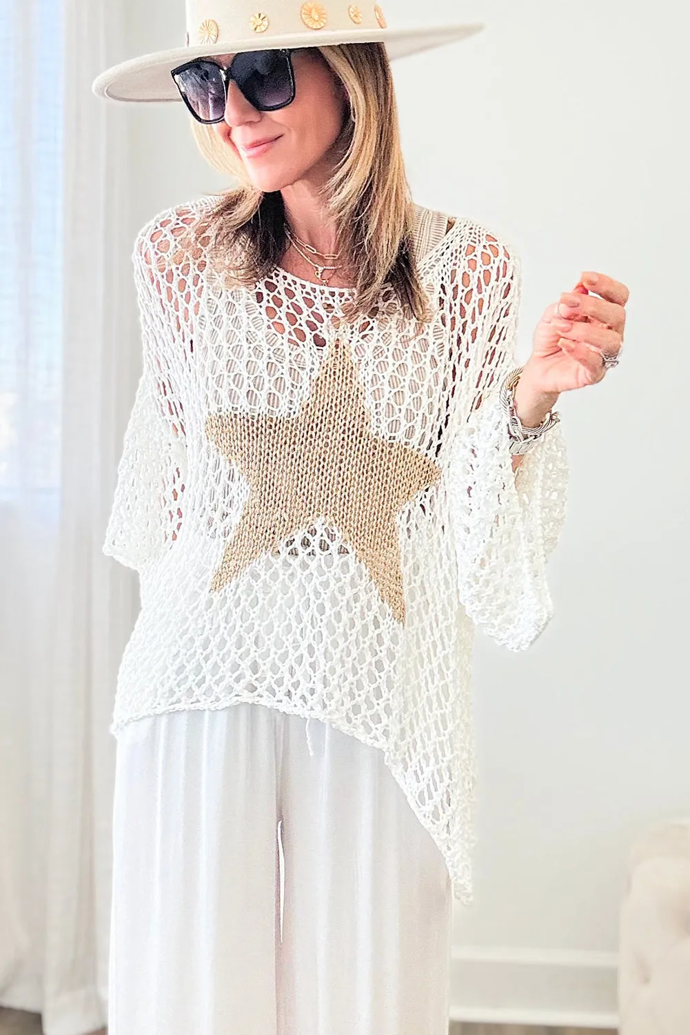 White Big Star Accent Pothole Knitted Summer Sweater