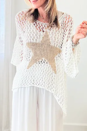 White Big Star Accent Pothole Knitted Summer Sweater