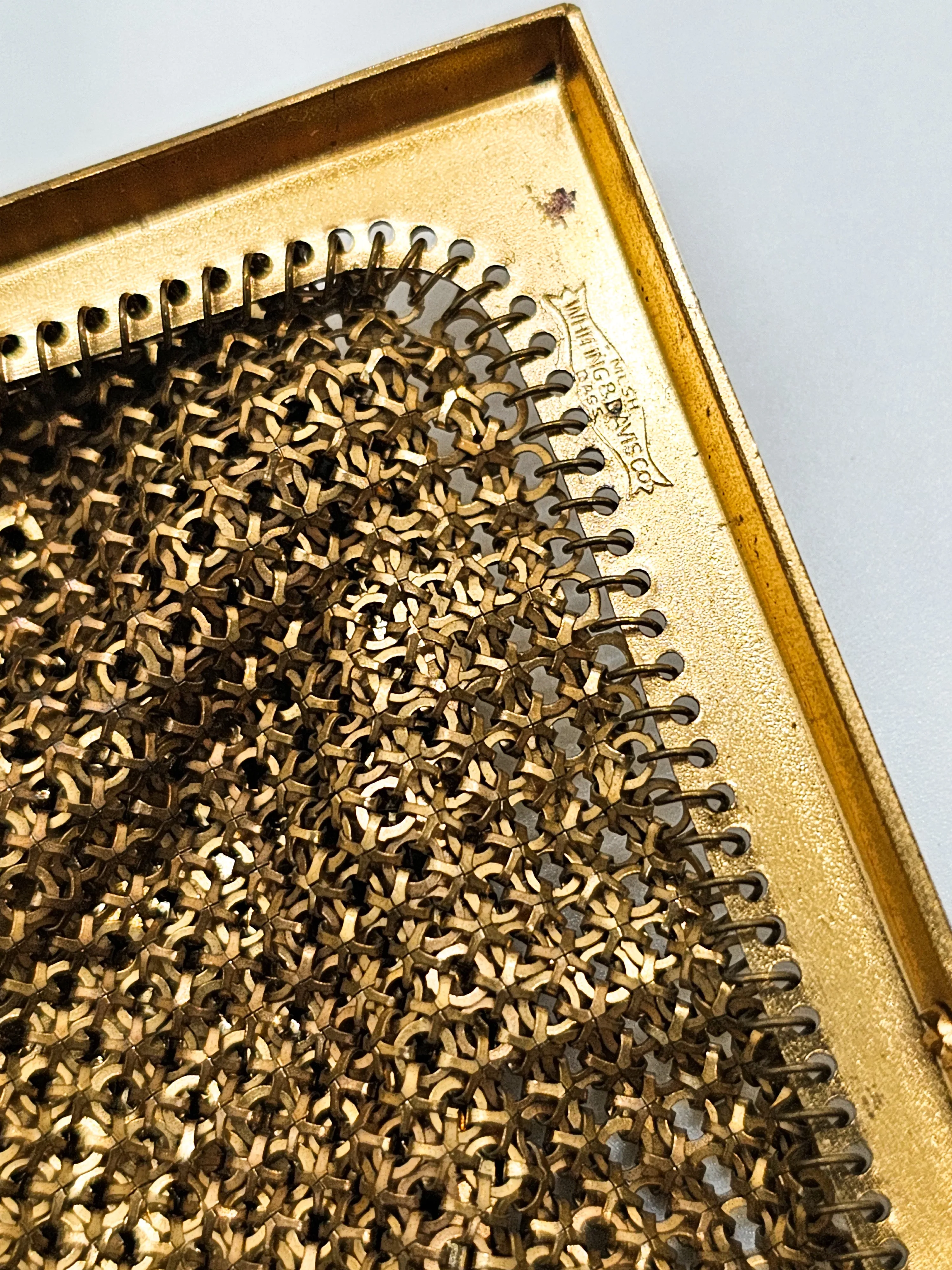 Whiting and Davis mid century vintage gold mesh metal clutch purse 1950's