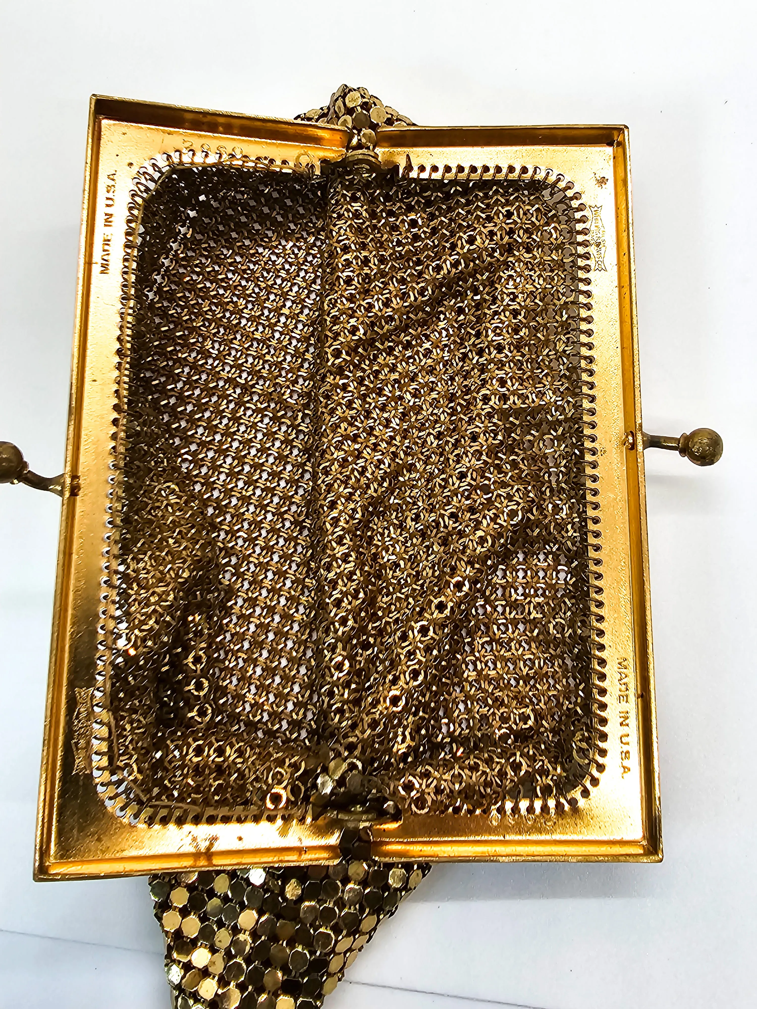 Whiting and Davis mid century vintage gold mesh metal clutch purse 1950's