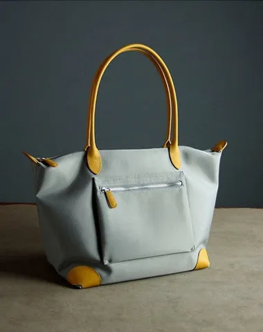 Womens Light Gray Nylon Shoulder Tote Medium Light Gray&Yellow Nylon Handbag Purse for Ladies