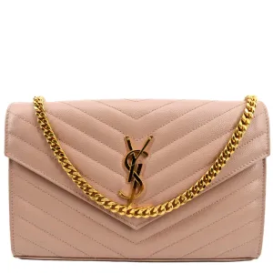 YVES SAINT LAURENT Matelasse Chevron Leather Envelope Chain Wallet Pink