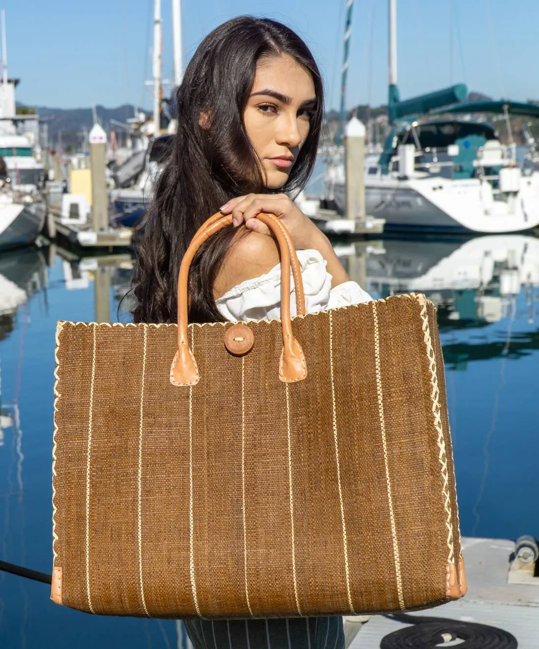 Zafran Pinstripes Straw Beach Bag with Plastic Liner